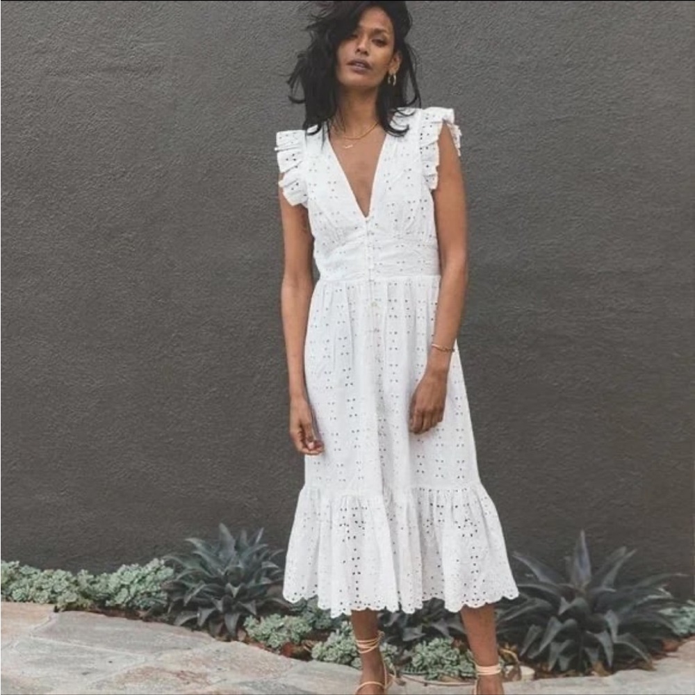 Cleobella White Eyelet V-Neck Midi Dress with Ruffle Sleeves
